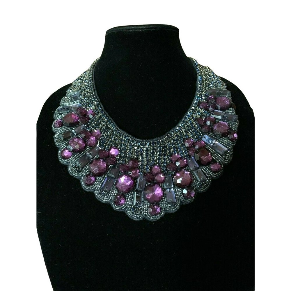 Vintage Haute Hippie Purple Diamond Crystal Silk Bib Necklace 61in